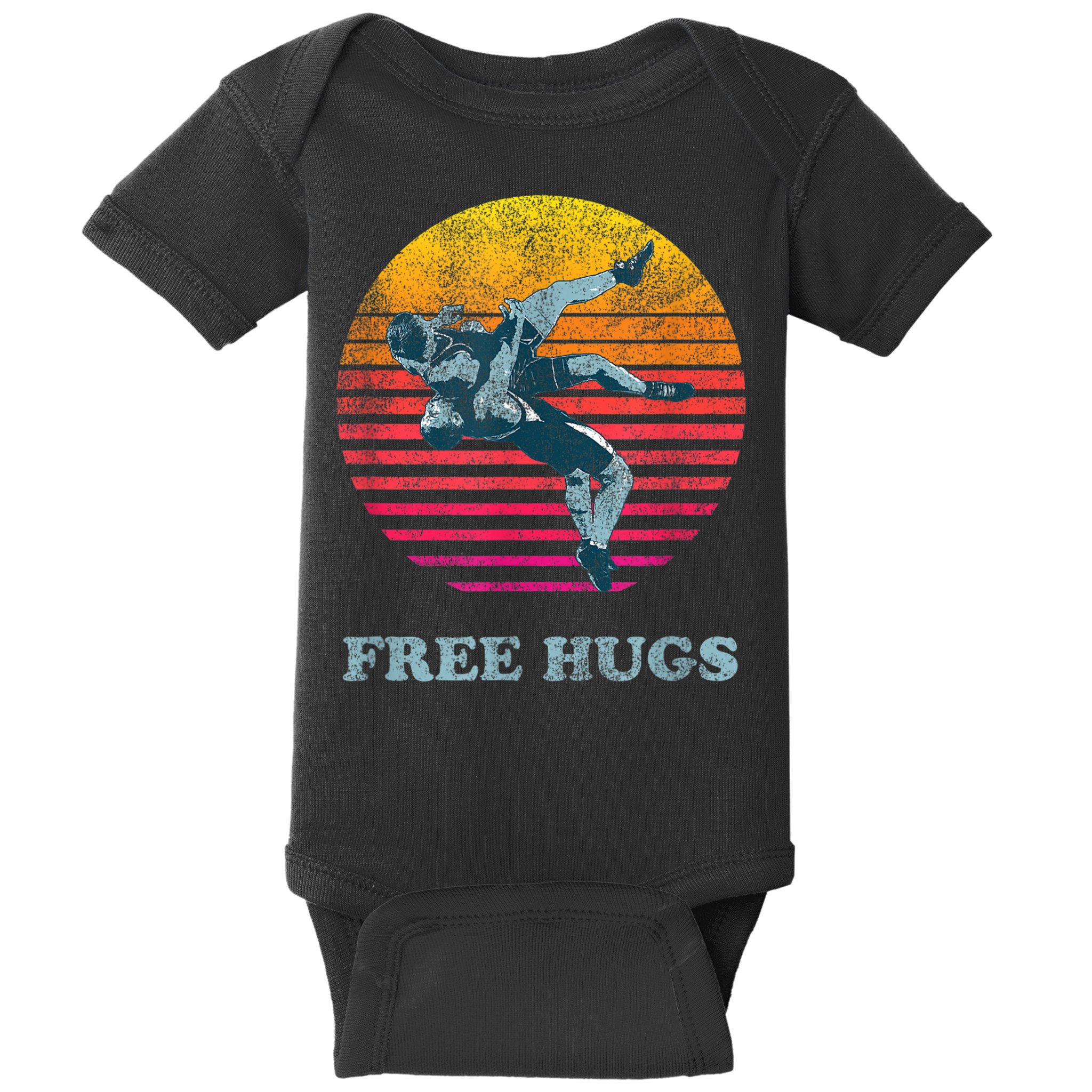 Retro Vintage Faded Cracked 70 80s Style Free Hugs Wrestling Baby Bodysuit