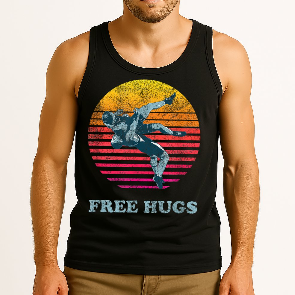 Retro Vintage Faded Cracked 70 80s Style Free Hugs Wrestling Tank Top