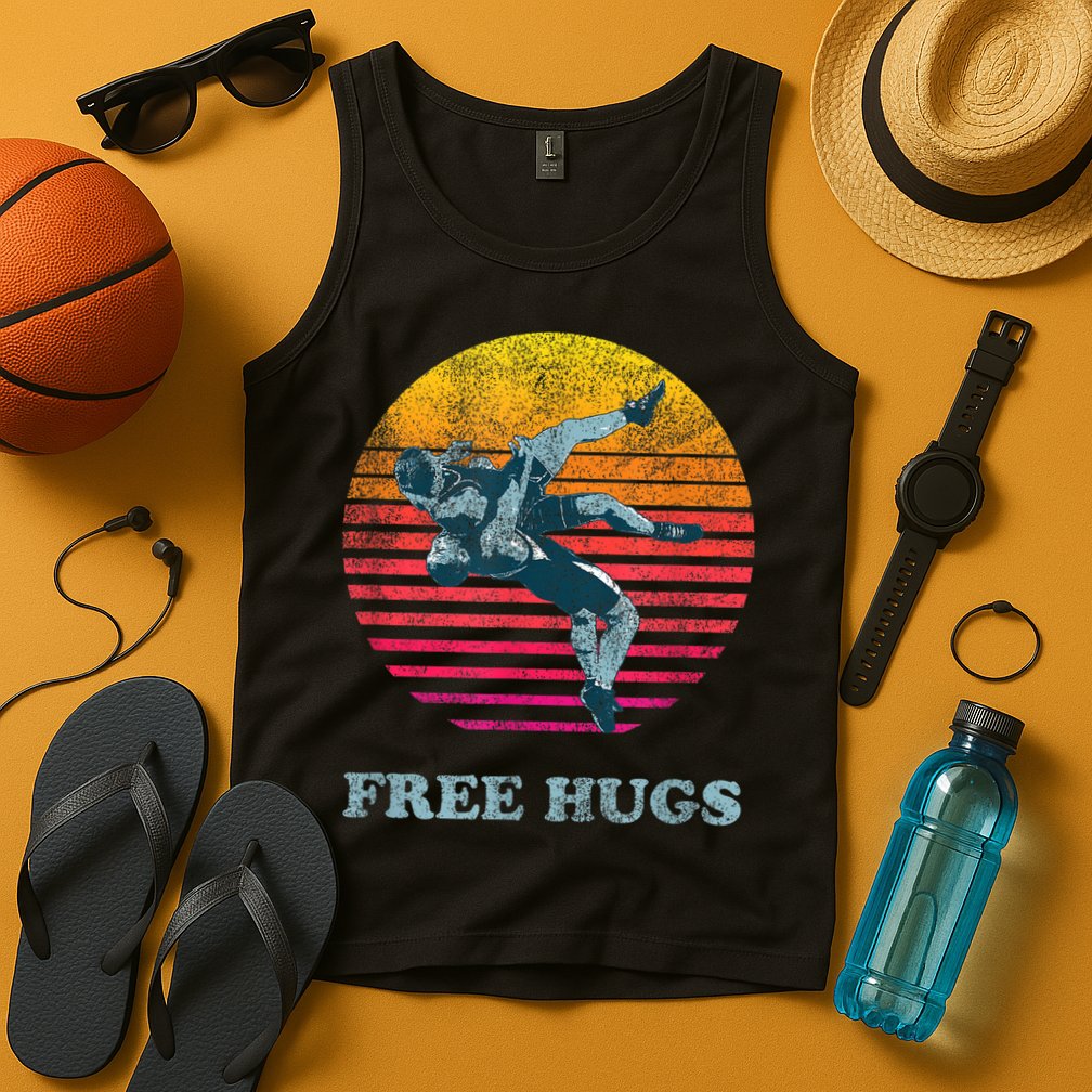 Retro Vintage Faded Cracked 70 80s Style Free Hugs Wrestling Tank Top