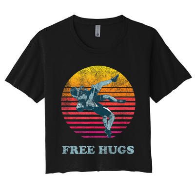 Retro Vintage Faded Cracked 70 80s Style Free Hugs Wrestling Women's Crop Top Tee