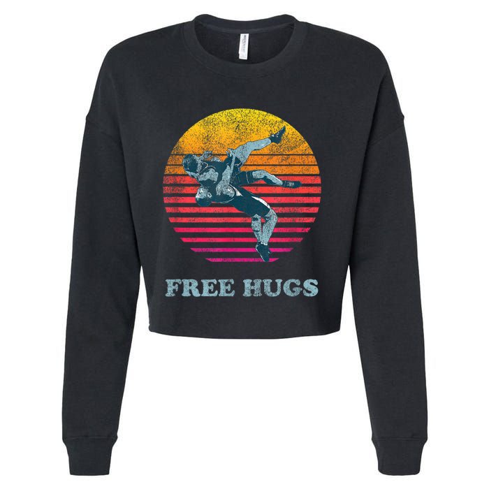 Retro Vintage Faded Cracked 70 80s Style Free Hugs Wrestling Cropped Pullover Crew