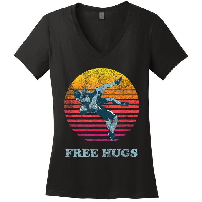 Retro Vintage Faded Cracked 70 80s Style Free Hugs Wrestling Women's V-Neck T-Shirt