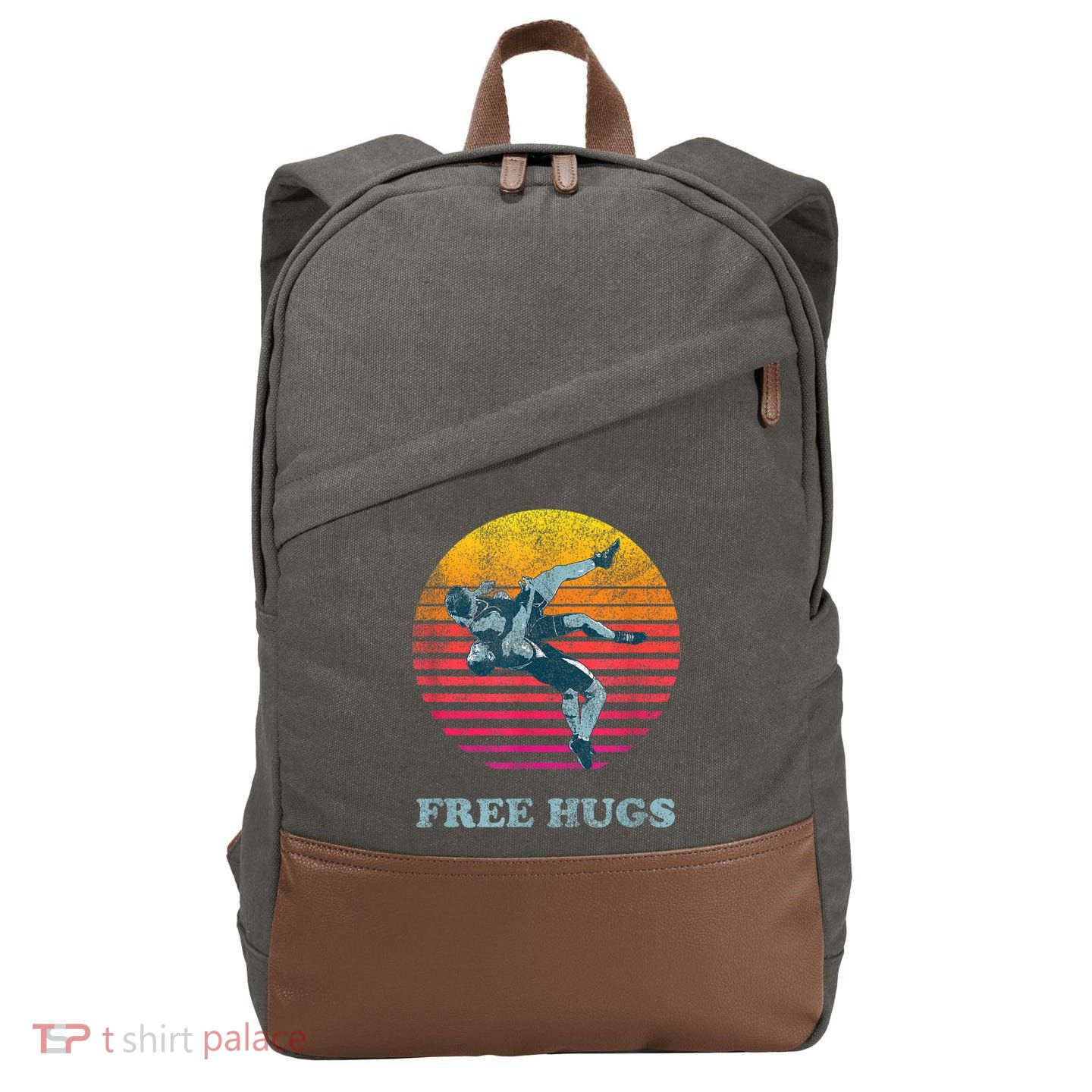 Retro Vintage Faded Cracked 70 80s Style Free Hugs Wrestling Cotton Canvas Backpack