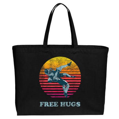 Retro Vintage Faded Cracked 70 80s Style Free Hugs Wrestling Cotton Canvas Jumbo Tote