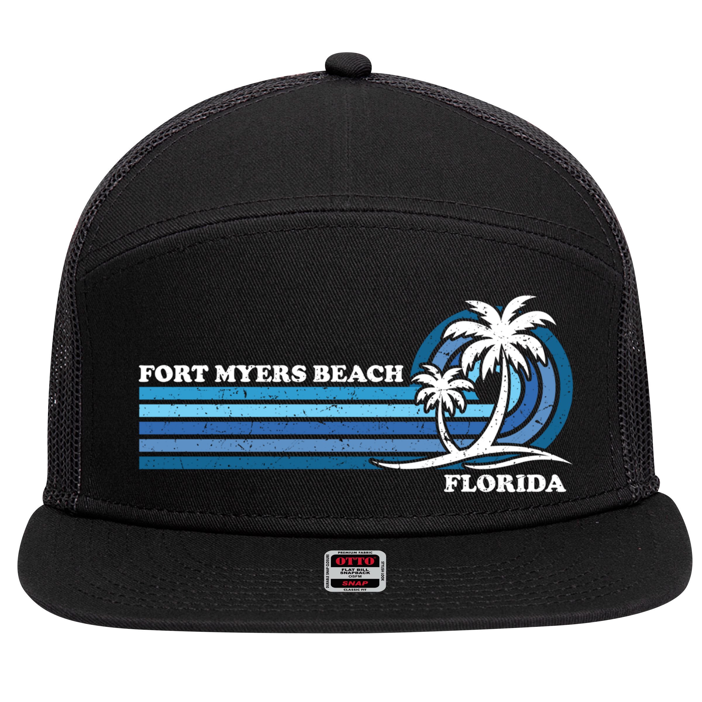Retro Vintage Family Vacation Florida Fort Myers Beach Gift 7 Panel Mesh Trucker Snapback Hat