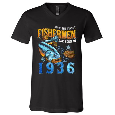 Retro Vintage Fisherman Are Born In 1936 Fishing Birthday V-Neck T-Shirt