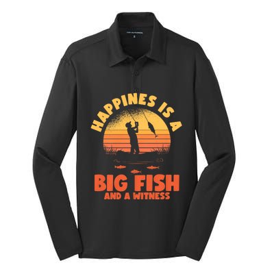 Retro Vintage Fishing Funny Saying Happines Is A Big Fish Silk Touch Performance Long Sleeve Polo