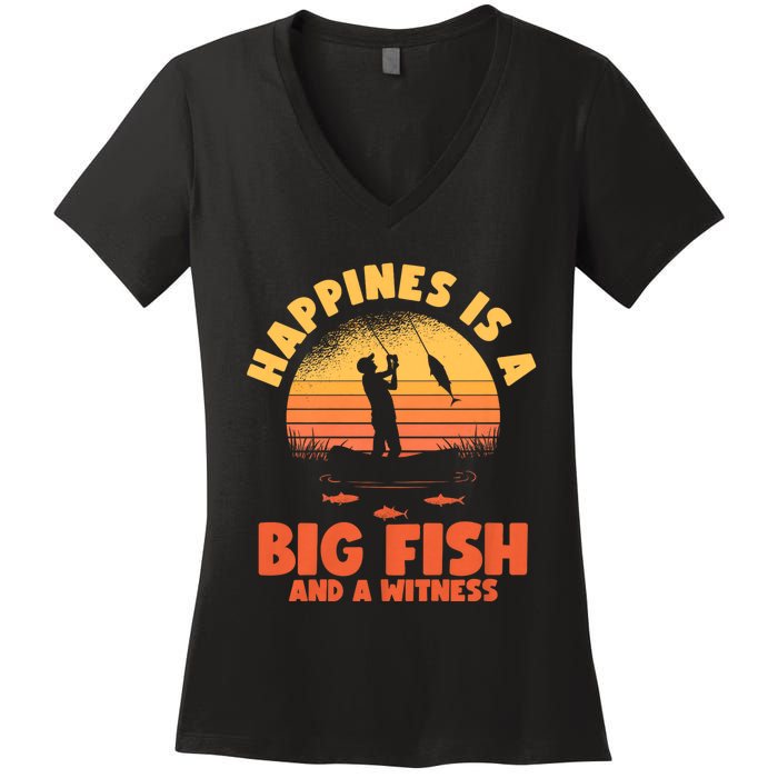 Retro Vintage Fishing Funny Saying Happines Is A Big Fish Women's V-Neck T-Shirt