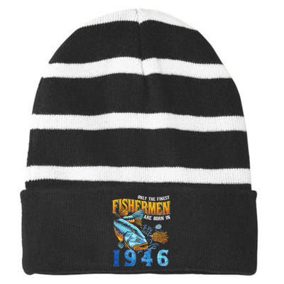 Retro Vintage Fisherman Are Born In 1946 Fishing Birthday Striped Beanie with Solid Band