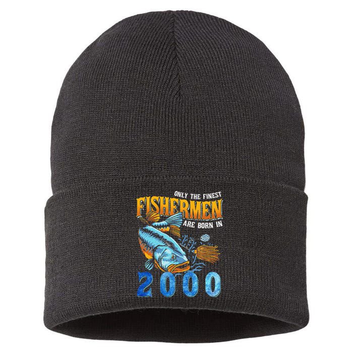 Retro Vintage Fisherman Are Born In 2000 Fishing Birthday Sustainable Knit Beanie