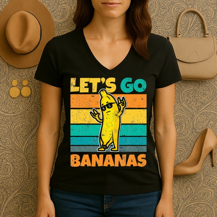 Retro Vintage Funny Banana Meme Let Go Banana Rocker Bananas Women's V-Neck T-Shirt