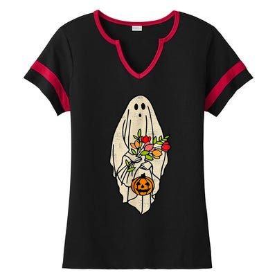 Retro Vintage Gnoovy Halloween Flower Ghost Pumpkin Sketch Ladies Halftime Notch Neck Tee