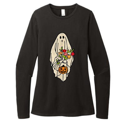 Retro Vintage Gnoovy Halloween Flower Ghost Pumpkin Sketch Womens CVC Long Sleeve Shirt