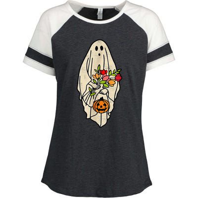 Retro Vintage Gnoovy Halloween Flower Ghost Pumpkin Sketch Enza Ladies Jersey Colorblock Tee