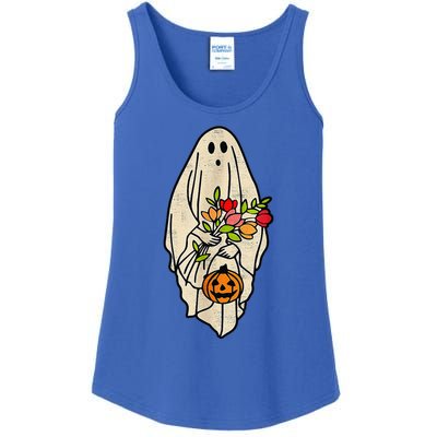 Retro Vintage Gnoovy Halloween Flower Ghost Pumpkin Sketch Ladies Essential Tank