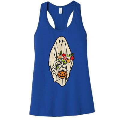 Retro Vintage Gnoovy Halloween Flower Ghost Pumpkin Sketch Women's Racerback Tank