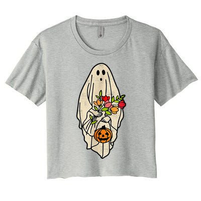 Retro Vintage Gnoovy Halloween Flower Ghost Pumpkin Sketch Women's Crop Top Tee