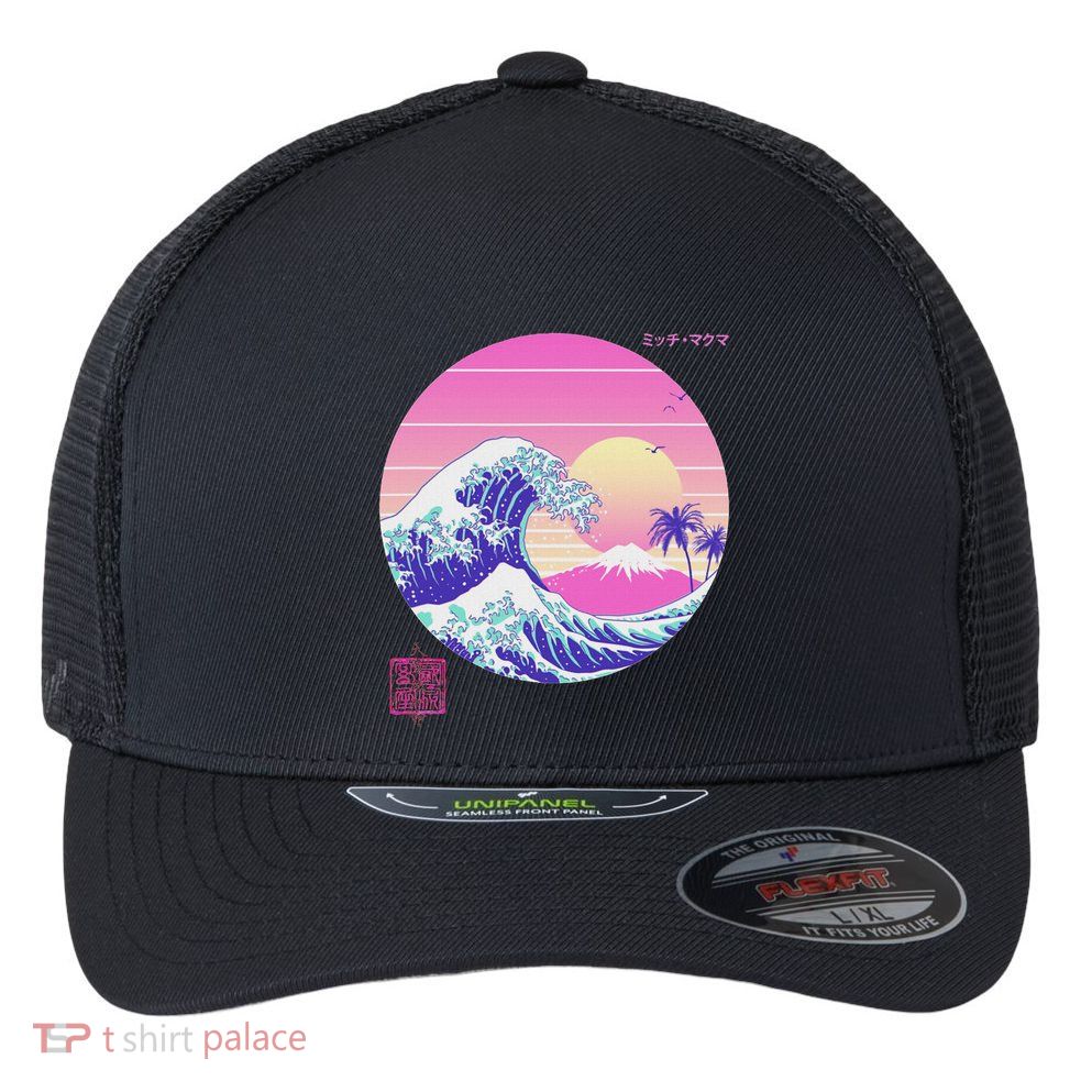Retro Vaporwave Great Wave Japanese Aesthetic Design Flexfit Unipanel Trucker Cap
