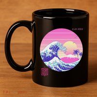 Retro Vaporwave Great Wave Japanese Aesthetic Design 11oz C Handle Ceramic Mug