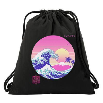 Retro Vaporwave Great Wave Japanese Aesthetic Design Drawstring Bag