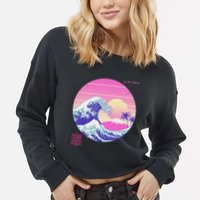 Retro Vaporwave Great Wave Japanese Aesthetic Design Cropped Pullover Crew