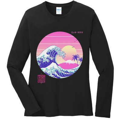 Retro Vaporwave Great Wave Japanese Aesthetic Design Ladies Long Sleeve Shirt