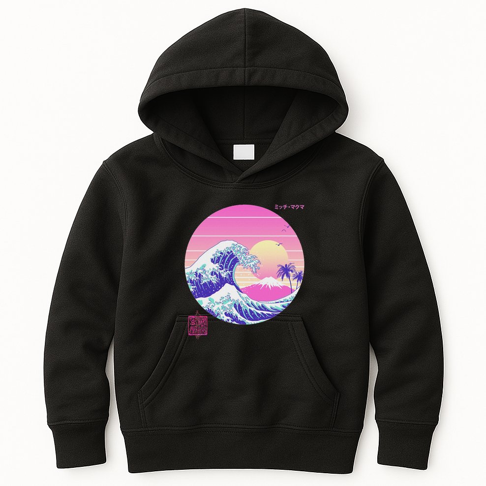 Retro Vaporwave Great Wave Japanese Aesthetic Design Kids Hoodie