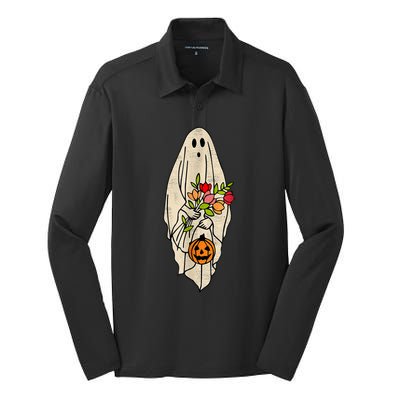 Retro Vintage Gnoovy Halloween Flower Ghost Pumpkin Sketch Silk Touch Performance Long Sleeve Polo