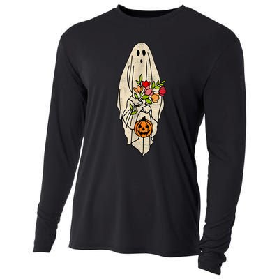 Retro Vintage Gnoovy Halloween Flower Ghost Pumpkin Sketch Cooling Performance Long Sleeve Crew