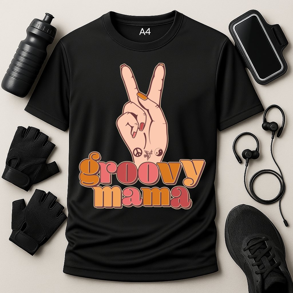 Retro Vintage Groovy Mama Peace Sign Cooling Performance Crew T-Shirt