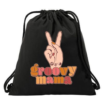 Retro Vintage Groovy Mama Peace Sign Drawstring Bag