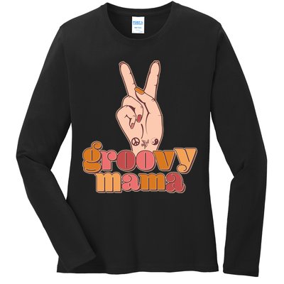 Retro Vintage Groovy Mama Peace Sign Ladies Long Sleeve Shirt