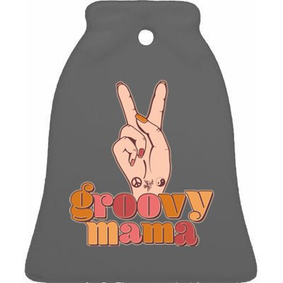 Retro Vintage Groovy Mama Peace Sign Ceramic Bell Ornament