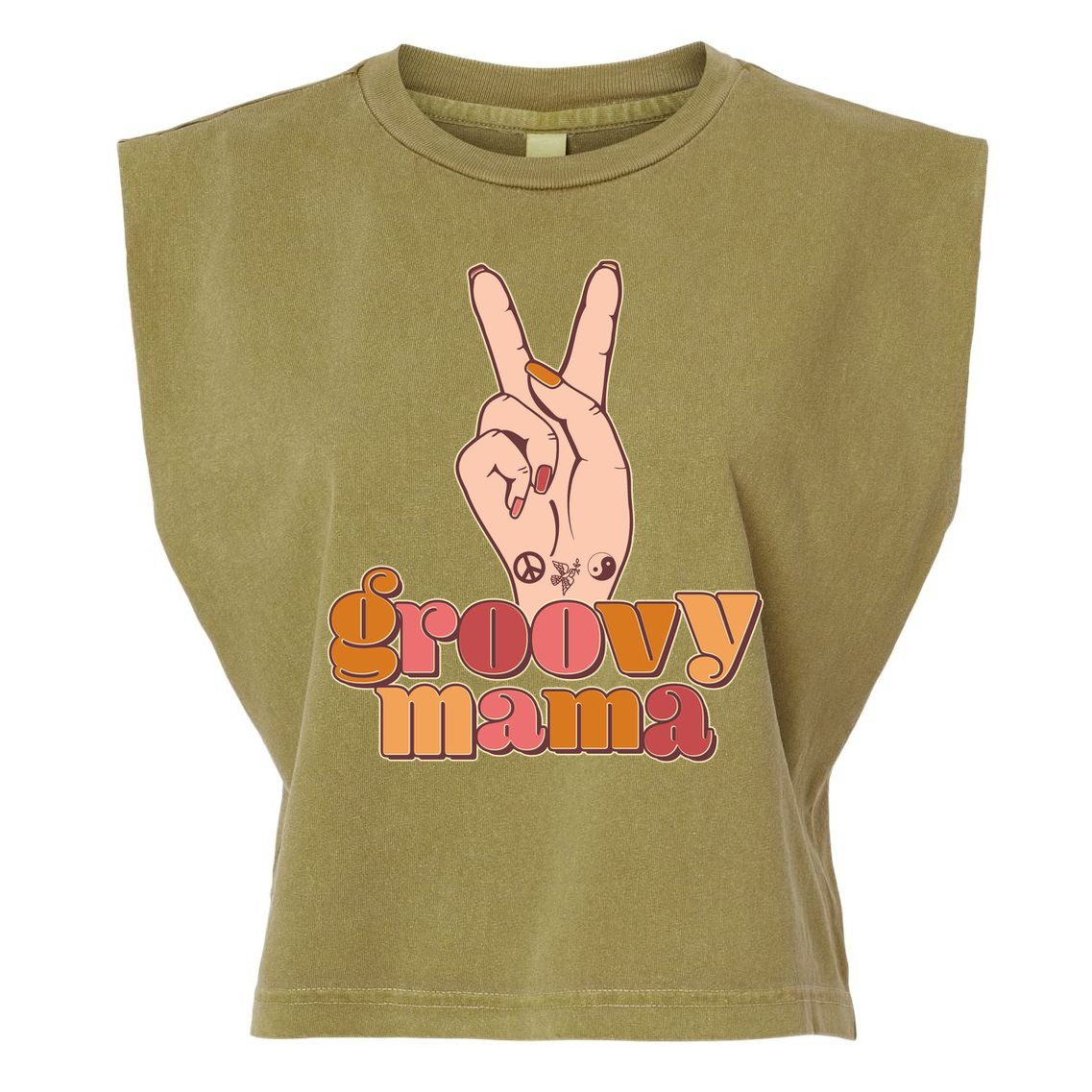 Retro Vintage Groovy Mama Peace Sign Garment-Dyed Women's Muscle Tee