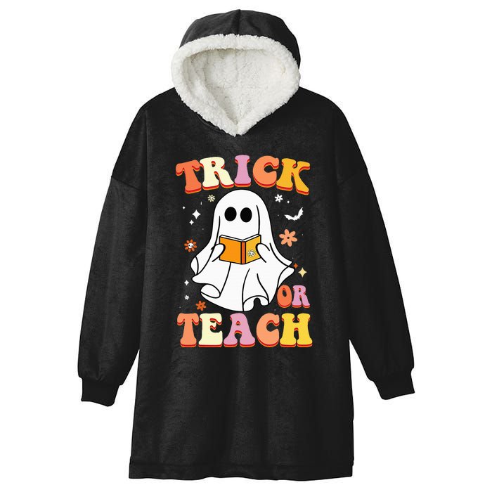 Retro Vintage Groovy Trick Or Teach Funny Teacher Halloween Hooded Wearable Blanket