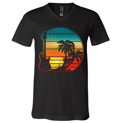 Retro Vintage Guitar Sunset Sunrise Island V-Neck T-Shirt
