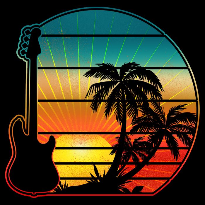 Retro Vintage Guitar Sunset Sunrise Island Flatbill Hat