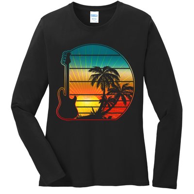 Retro Vintage Guitar Sunset Sunrise Island Ladies Long Sleeve Shirt