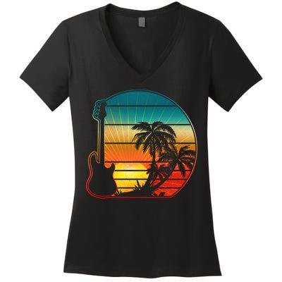Retro Vintage Guitar Sunset Sunrise Island Women's V-Neck T-Shirt