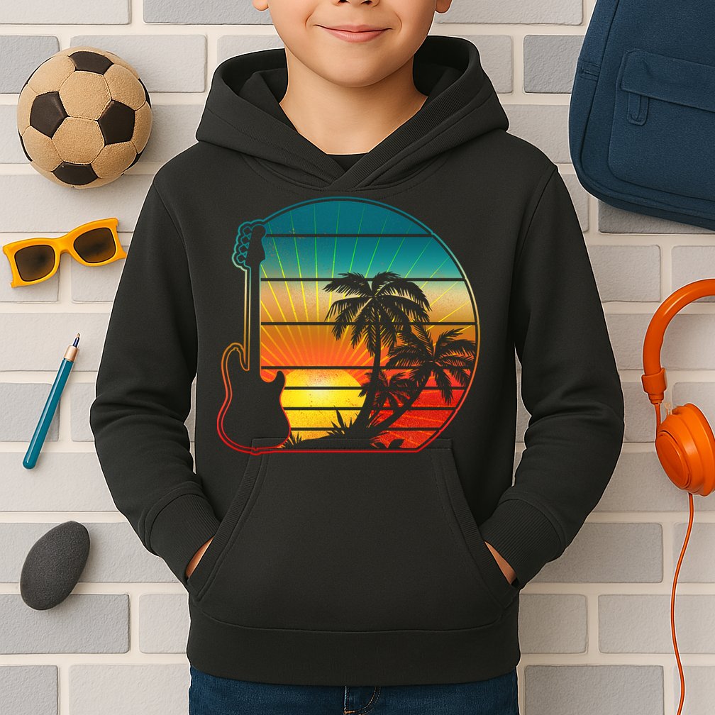 Retro Vintage Guitar Sunset Sunrise Island Kids Hoodie