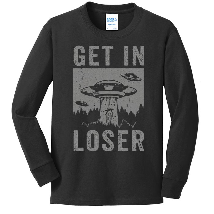 Retro Vintage Get In Loser Funny Ufo Alien Abduction Kids Long Sleeve Shirt