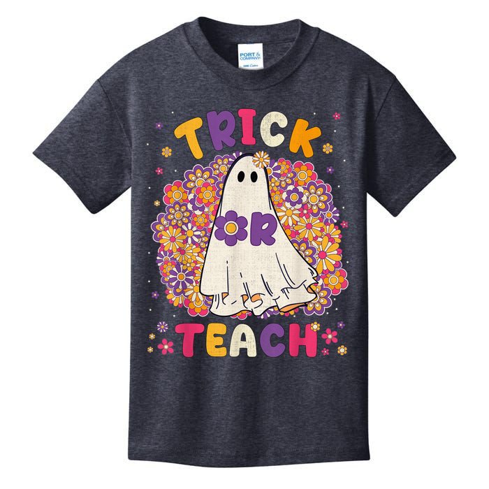 Retro Vintage Groovy Trick Or Teach Halloween Teacher Life Kids T-Shirt