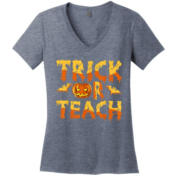 Retro Vintage Groovy Trick Or Teach Halloween Teacher Life Women's V-Neck T-Shirt