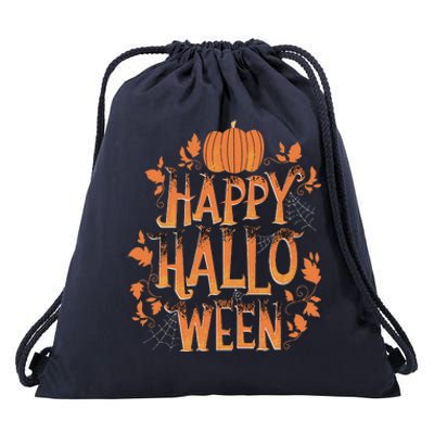 Retro Vintage Happy Halloween Pumpkin Spider Webs Vines Funny Drawstring Bag