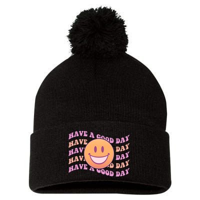 Retro Vintage Have A Good Day Smiley Emoji Pom Pom 12in Knit Beanie