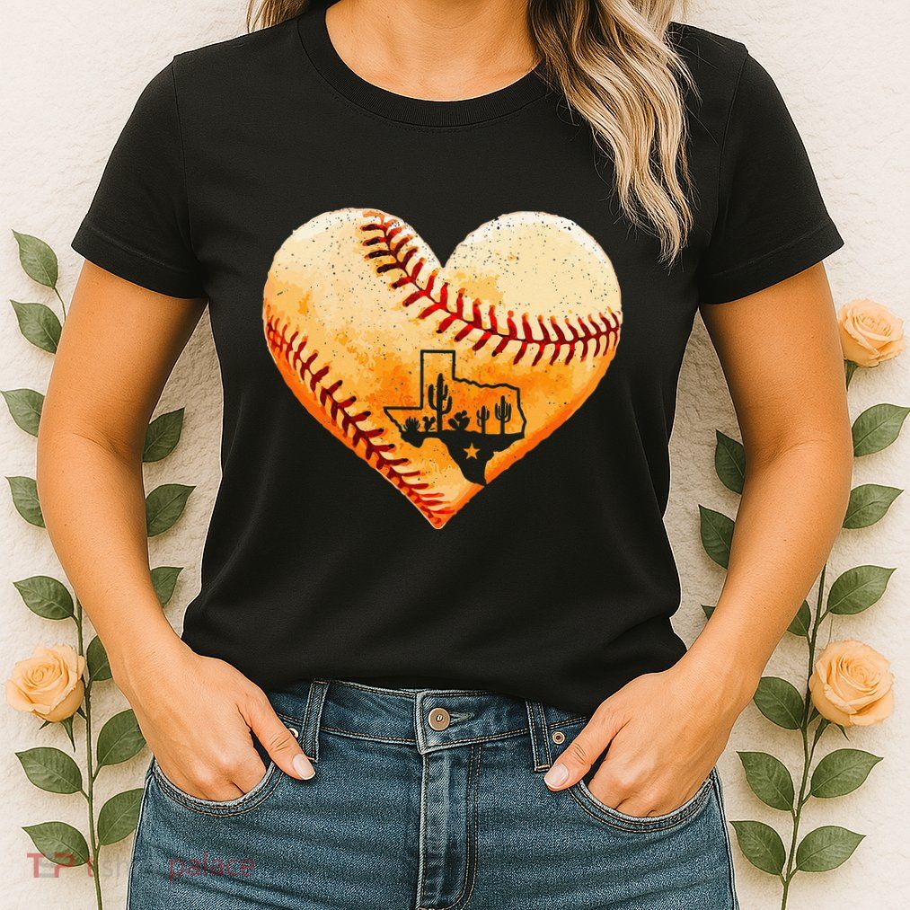 Retro Vintage Houston Texas Baseball Heart With Map  Womens T-Shirt