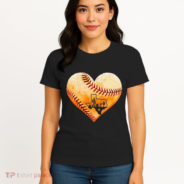 Retro Vintage Houston Texas Baseball Heart With Map  Womens T-Shirt