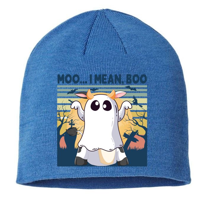 Retro Vintage Halloween Cow Ghost Moo I Mean Boo Gift Moo Cow Gift Sustainable Beanie