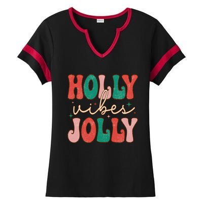 Retro Vintage Holly Vibes Jolly Merry Christmas Holiday Gift Ladies Halftime Notch Neck Tee