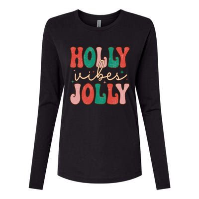 Retro Vintage Holly Vibes Jolly Merry Christmas Holiday Gift Womens Cotton Relaxed Long Sleeve T-Shirt